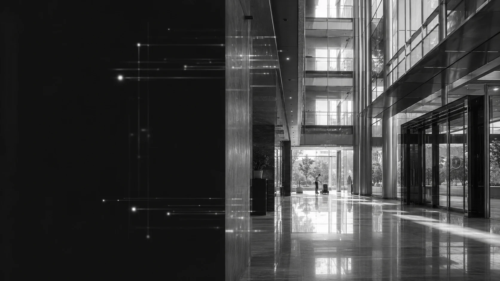 Glass-lined interior of a modern building