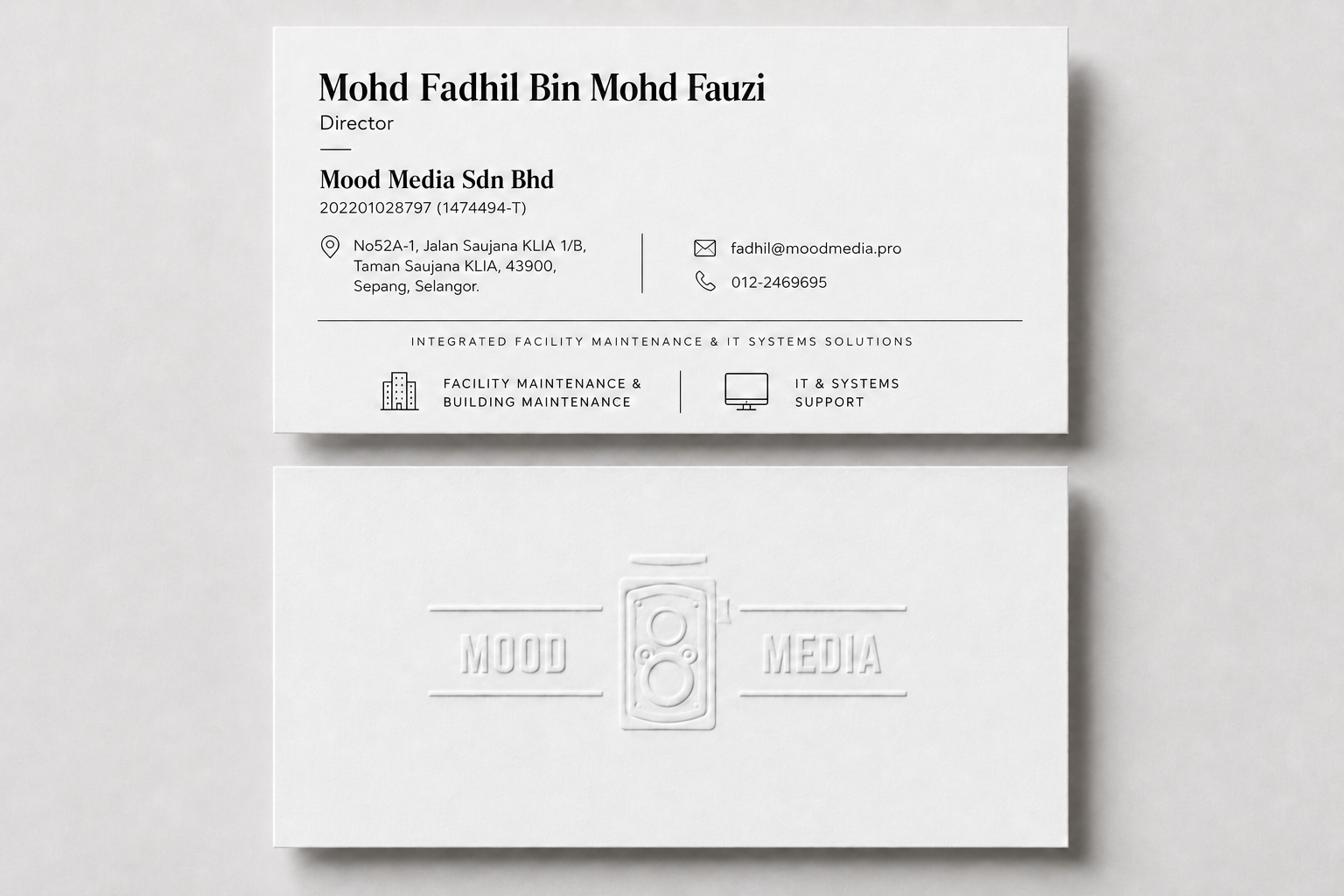 Front and embossed back of Mohd Fadhil's Mood Media business card